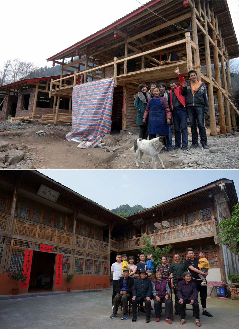 這是一張拼版照片,上圖為四川省綿陽市安州區高川鄉茅香村群眾林興聰(右二)、李芸香(右三)和家中的老人、孩子在重建中的住房前留影(2009年1月25日,新華社記者江毅攝);下圖為林興聰(後右三)、李芸香(後右四)一大家13口人在房前留影(2021年5月4日,新華社記者江宏景攝) 截屏2022-02-28 下午8.52.42