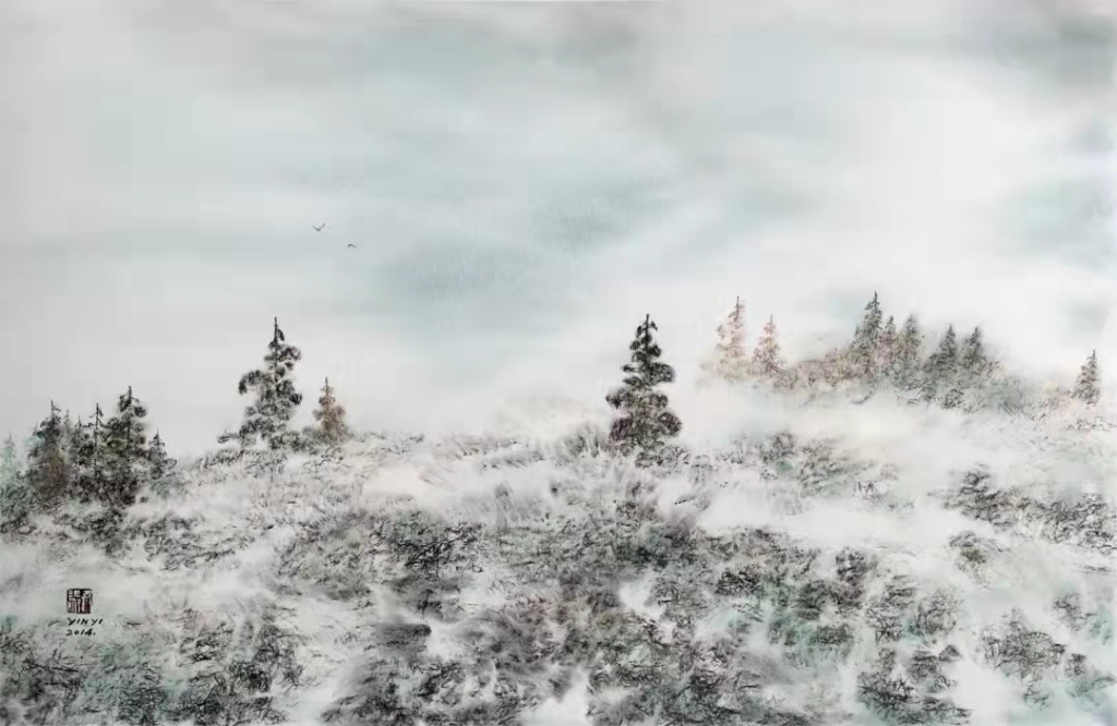 尹毅作品《青綠松林飛鳥》