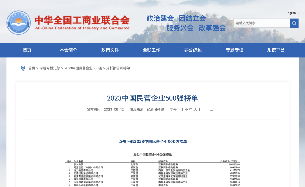 “2023中國民營企業500強”榜單發布