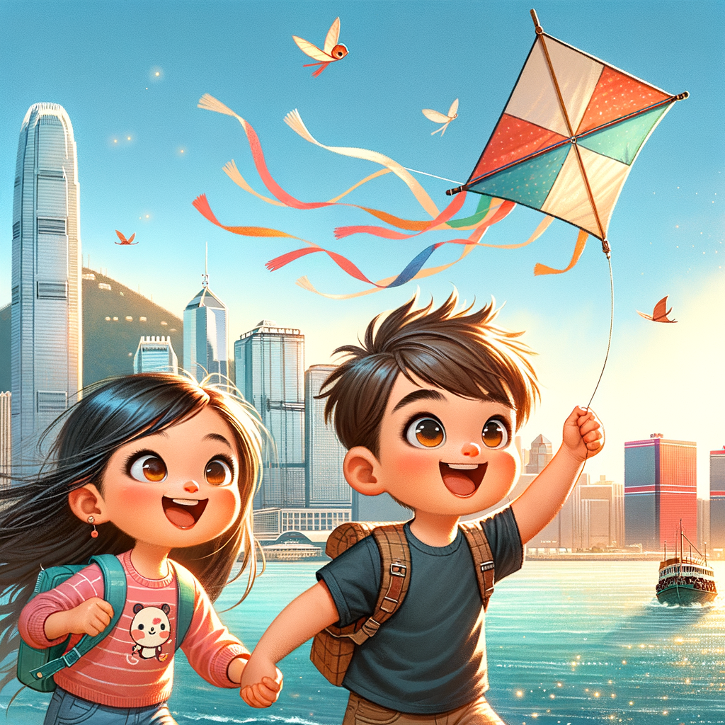春天到了，兩個小朋友在香港放一個風箏